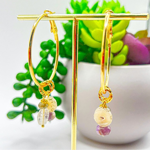 NWOT Genuine multi crystals and lava rock hoops 50mm stainless S 18K Gold Plated - Picture 4 of 9